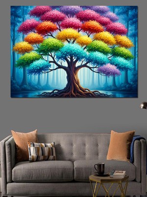Karizma Tablo Renkli Gökkuşağı Ağaç Resmi Dekoratif Kanvas - Mdf Ahşap Tablo