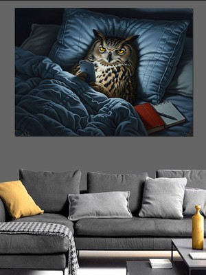 Karizma Tablo Yatakta Yatan Baykuş Çizimi Dekoratif Kanvas - Mdf Ahşap Tablo