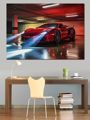Karizma Tablo Garajda Kırmızı Spor Araba Dekoratif Kanvas - Mdf Ahşap Tablo