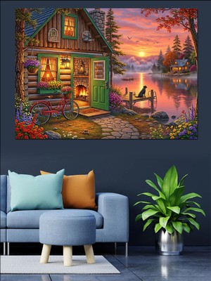 Artmeg Günbatımında Renkli Bahçeli Ev Dekoratif Kanvas - Mdf Ahşap Tablo