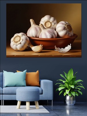 Artmeg Sarımsak Natürmort Mutfak Resmi Dekoratif Kanvas - Mdf Ahşap Tablo