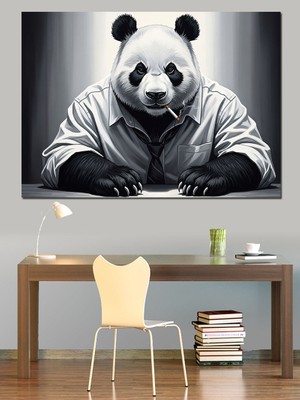 Artmeg Sigara Içen Panda Çizimi Dekoratif Kanvas - Mdf Ahşap Tablo