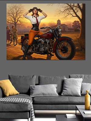 Karizma Tablo Retro Motorcu Kadın Dekoratif Kanvas - Mdf Ahşap Tablo