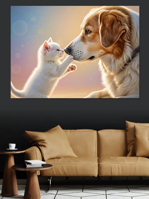 Karizma Tablo Öpüşen Kedi ve Köpek Dekoratif Kanvas - Mdf Ahşap Tablo