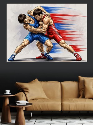 Karizma Tablo Güreş Yapan Oyuncular Dekoratif Kanvas - Mdf Ahşap Tablo