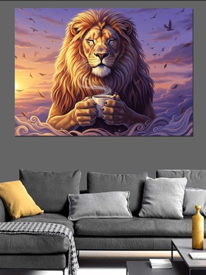 Karizma Tablo Kahve Içen Aslan Portresi Dekoratif Kanvas - Mdf Ahşap Tablo