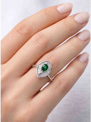 Hid Silver Hidsilver Yztymbyzm Yeşil Zirkon Taşlı Yaprak Motifli Bayan Yüzük Modeli