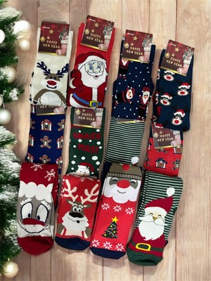 12'li Yılbaşı Temalı Unisex Pamuklu Çorap Seti - One Size (Standart Beden)