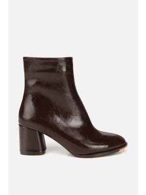 Yaya By Hotiç Kadın Rugan Kahverengi Fermuarlı Kalın Topuklu Bot