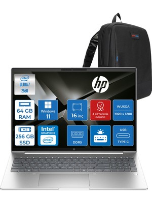 Hp Probook 4 G1I Intel Ultra7 255U 64GB Ddr5 256GB SSD Intel® Grafik IPS 300 Nits 16''inç 1920 x 1200 WIN11PRO Taşınabilir Bilgisayar D03KJETP21+ZETTAÇANTA