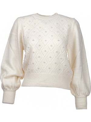 On Kadın Minimalist Crop Kazak - Balon Kol, Incili Detay - Günlük & Özel Gün