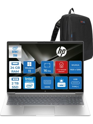 Hp Probook 4 G1I Intel Ultra7 255U 24GB Ddr5 2tb SSD Intel® Grafik IPS 300 Nits 16''inç 1920 x 1200 WIN11PRO Taşınabilir Bilgisayar D03KJETP09+ZETTAÇANTA
