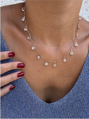 Hercy Kare Zirkon Taşlı Gold Altın Kaplama Sallantılı Kolye | Taşlı Kolye