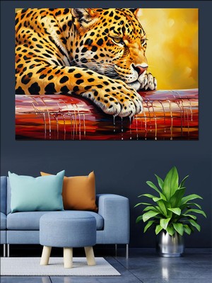 Karizma Tablo Dalda Yatan Leopar Resmi Dekoratif Kanvas - Mdf Ahşap Tablo