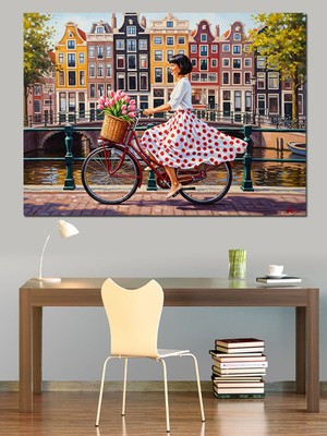 Karizma Tablo Bisikletli Kadın Şehir Manzarası Dekoratif Kanvas - Mdf Ahşap Tablo