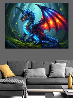 Artmeg Mavi Ejderha Fantastik Çizim Dekoratif Kanvas - Mdf Ahşap Tablo