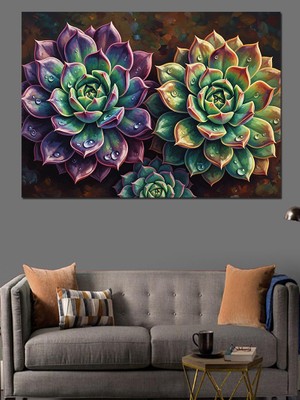 Karizma Tablo Renkli Sukulent Bitki Çizimi Dekoratif Kanvas - Mdf Ahşap Tablo