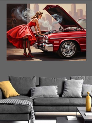 Artmeg Araba Tamir Eden Kadın Dekoratif Kanvas - Mdf Ahşap Tablo