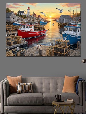 Karizma Tablo Sahil Kasabası Balıkçı Tekneleri Dekoratif Kanvas - Mdf Ahşap Tablo