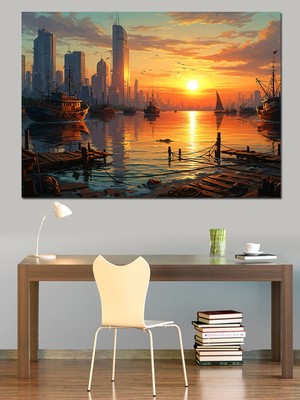 Artmeg Günbatımında Şehir ve Liman Dekoratif Kanvas - Mdf Ahşap Tablo