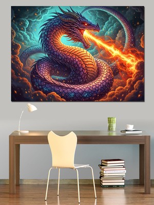 Karizma Tablo Ateş Püskürten Ejderha Çizimi Dekoratif Kanvas - Mdf Ahşap Tablo