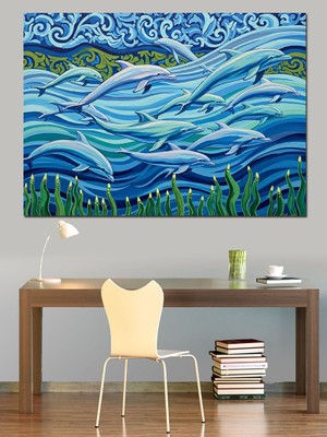 Artmeg Atlayan Yunuslar Deniz Manzarası Dekoratif Kanvas - Mdf Ahşap Tablo