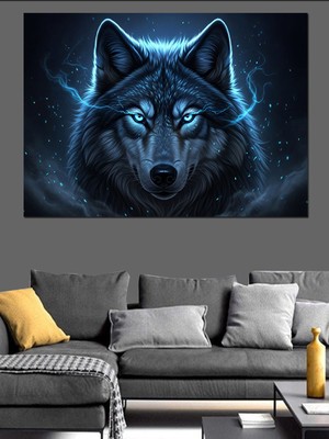 Karizma Tablo Mavi Işıklı Kurt Başı Dekoratif Kanvas - Mdf Ahşap Tablo