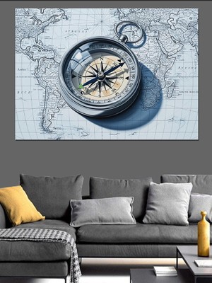 Karizma Tablo Eski Pusula Harita Üzerinde Dekoratif Kanvas - Mdf Ahşap Tablo