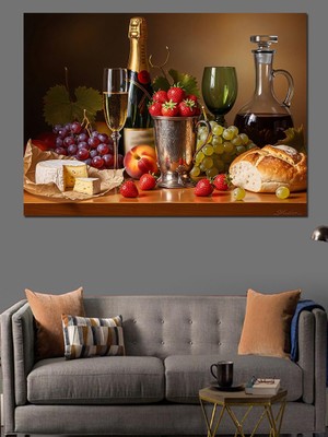 Artmeg Şarap ve Meyve Natürmort Dekoratif Kanvas - Mdf Ahşap Tablo