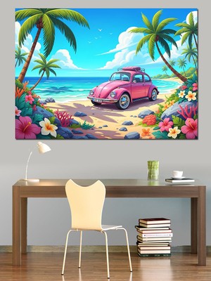 Artmeg Sahilde Pembe Araba Manzarası Dekoratif Kanvas - Mdf Ahşap Tablo