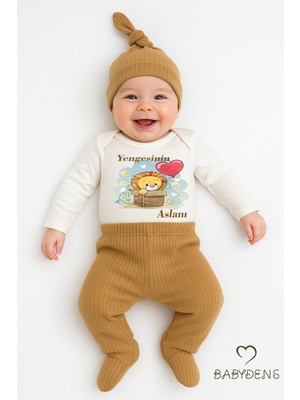 Babyden's Yengesinin Aslanı 3’lü Bebek Takımı Pamuklu Fitilli Kumaş Uzun Kollu Zıbın, Patikli Pantolon, Şapka