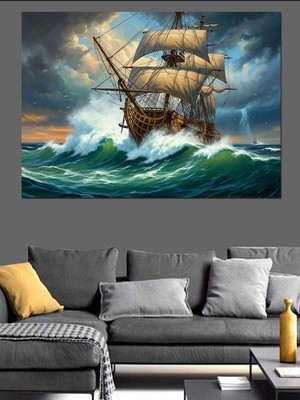 Karizma Tablo Fırtınalı Denizde Yelkenli Gemi Dekoratif Kanvas - Mdf Ahşap Tablo