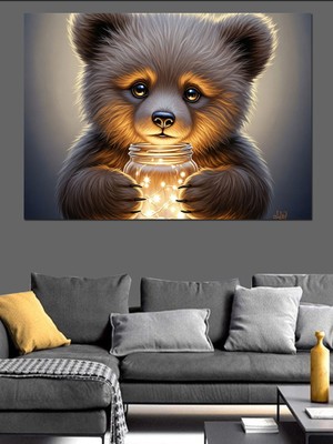 Artmeg Işıklı Kavanoz Tutan Ayı Dekoratif Kanvas - Mdf Ahşap Tablo