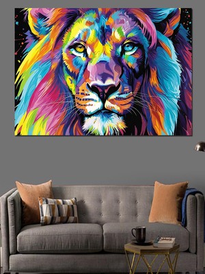 Artmeg Rengarenk Aslan Kafası Çizimi Dekoratif Kanvas - Mdf Ahşap Tablo