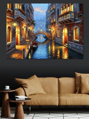Artmeg Venedik Kanalı Gece Manzarası Dekoratif Kanvas - Mdf Ahşap Tablo