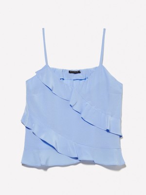 Sisley %100 Viskoz Fırfır Detaylı V Yaka Askılı Üst Kadın Mavi Bluz - 325P5LNTLH01J