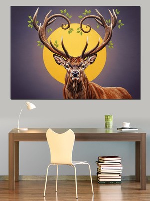Geyik Boynuzlu Doğa Manzarası Dekoratif Kanvas - Mdf Ahşap Tablo