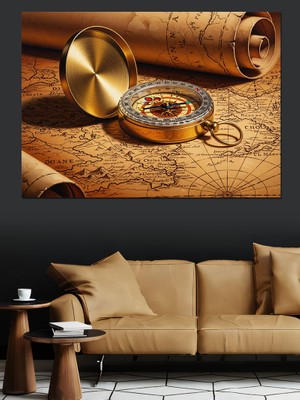 Artmeg Eski Harita Üzerinde Pusula Dekoratif Kanvas - Mdf Ahşap Tablo