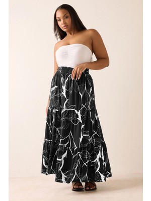 Stil Diva Büyük Beden Bürümcük Kumaş Çiçek Desenli Beli Lastikli Etek 304235