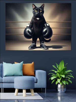 Artmeg Boks Yapan Kara Kedi Dekoratif Kanvas - Mdf Ahşap Tablo