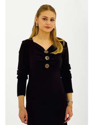 On Triko Önü Büzgülü Düğmeli Triko Elbise 63400