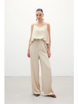 Sateen Bağcıklı Salaş Pantolon - Bej