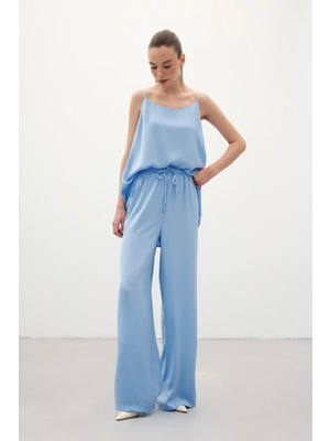 Sateen Bağcıklı Salaş Pantolon - Mavi