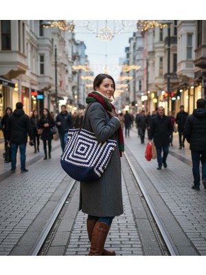 Artepieza Yüzde Yüz Pamuk Iplik El Yapımı Büyük Boy Örgü Çanta-Lacivert Beyaz Astarlı Örgü Tote Çanta 44*35