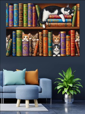 Artmeg Kütüphane Rafında Uyuyan Kedi Dekoratif Kanvas - Mdf Ahşap Tablo