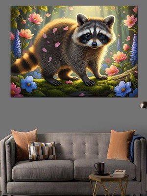 Artmeg Ormanda Sevimli Rakun Çizimi Dekoratif Kanvas - Mdf Ahşap Tablo
