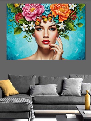 Artmeg Çiçek Taçlı Kadın Portresi Dekoratif Kanvas - Mdf Ahşap Tablo