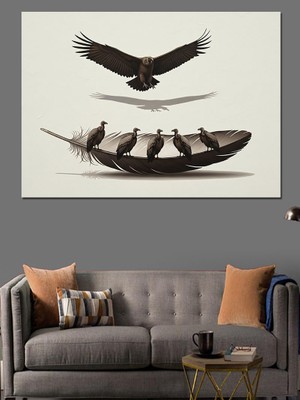Artmeg Kartal ve Tüy Illüstrasyonu Dekoratif Kanvas - Mdf Ahşap Tablo