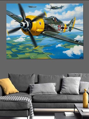 Artmeg Bulutlarda Uçan Pervaneli Uçak Dekoratif Kanvas - Mdf Ahşap Tablo