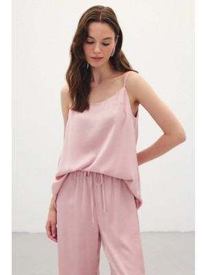 Sateen Askılı Saten Bluz - Pudra